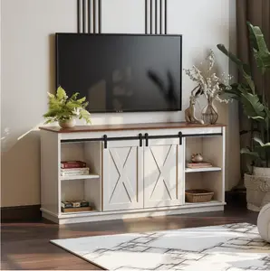 TV Stand for Televisions up to 65 Inch, Entertainment Center with Sliding Barn Doors, Storage Cabinets and Media Shelves, Living Room Console Table, White