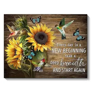 Sunflower Hummingbird Vintage Diamond Painting Art Picture "Every Day is a New Beginning" Quote Poster Floral Mosaic Cross Stitch Kit Wall Decor