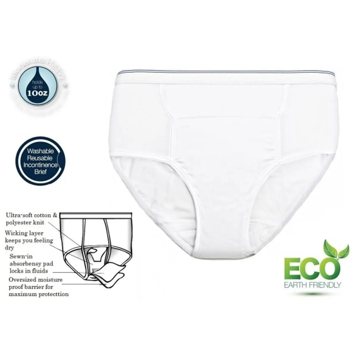 212 MAIN Men's Reusable Incontinence Panty - Small, White, 10 oz Incontinence Pads, Polyester-Cotton Knit Fabric, Oversize Fit, Moisture-Absorbent Underwear