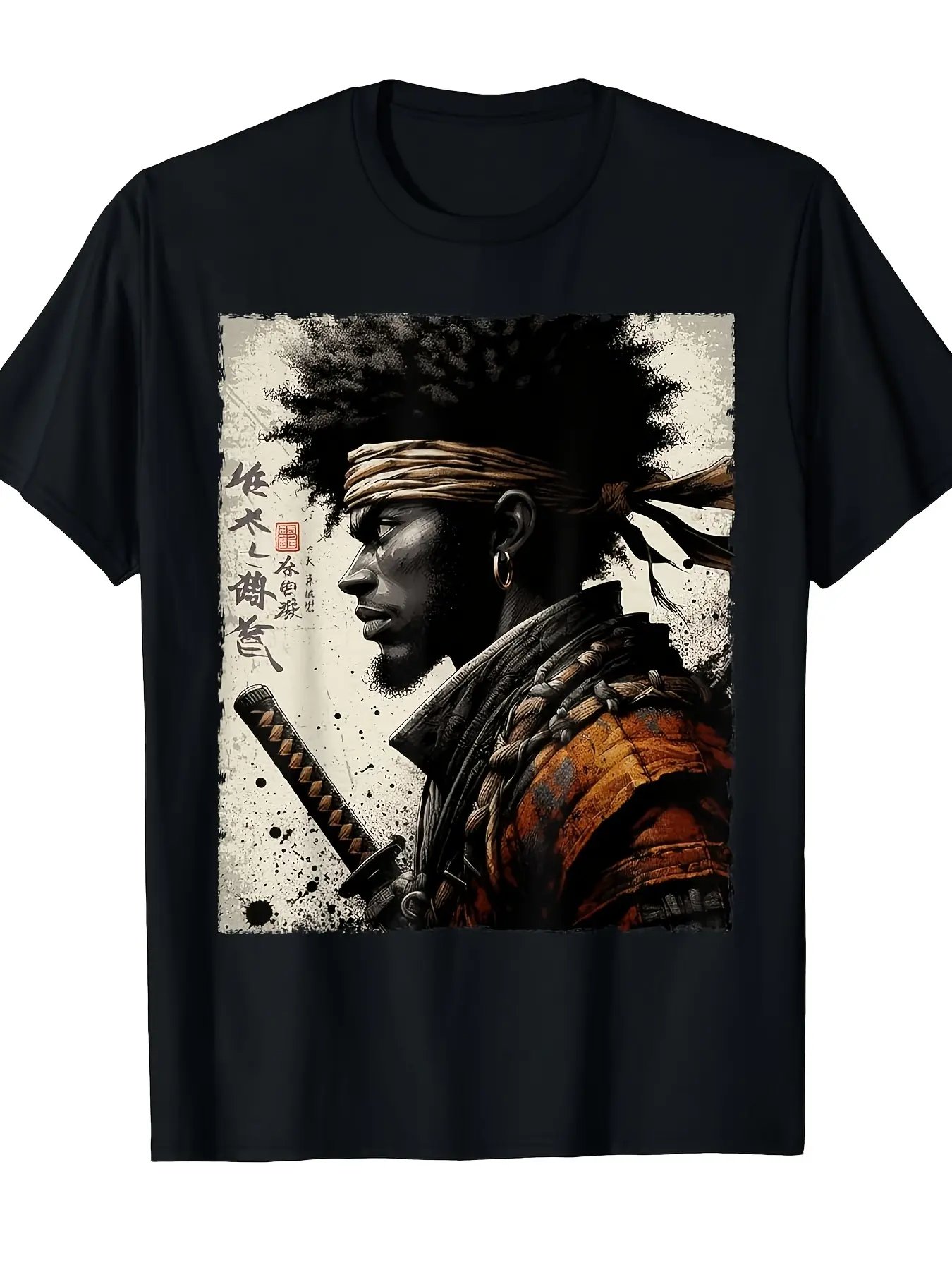 Afro American Samurai Vintage African Warrior with unisex soft cotton short sleeve t shirt, vintage graphic casual tee for men women teens, perfect birthday holiday gift for camping travel gym daily street  wear