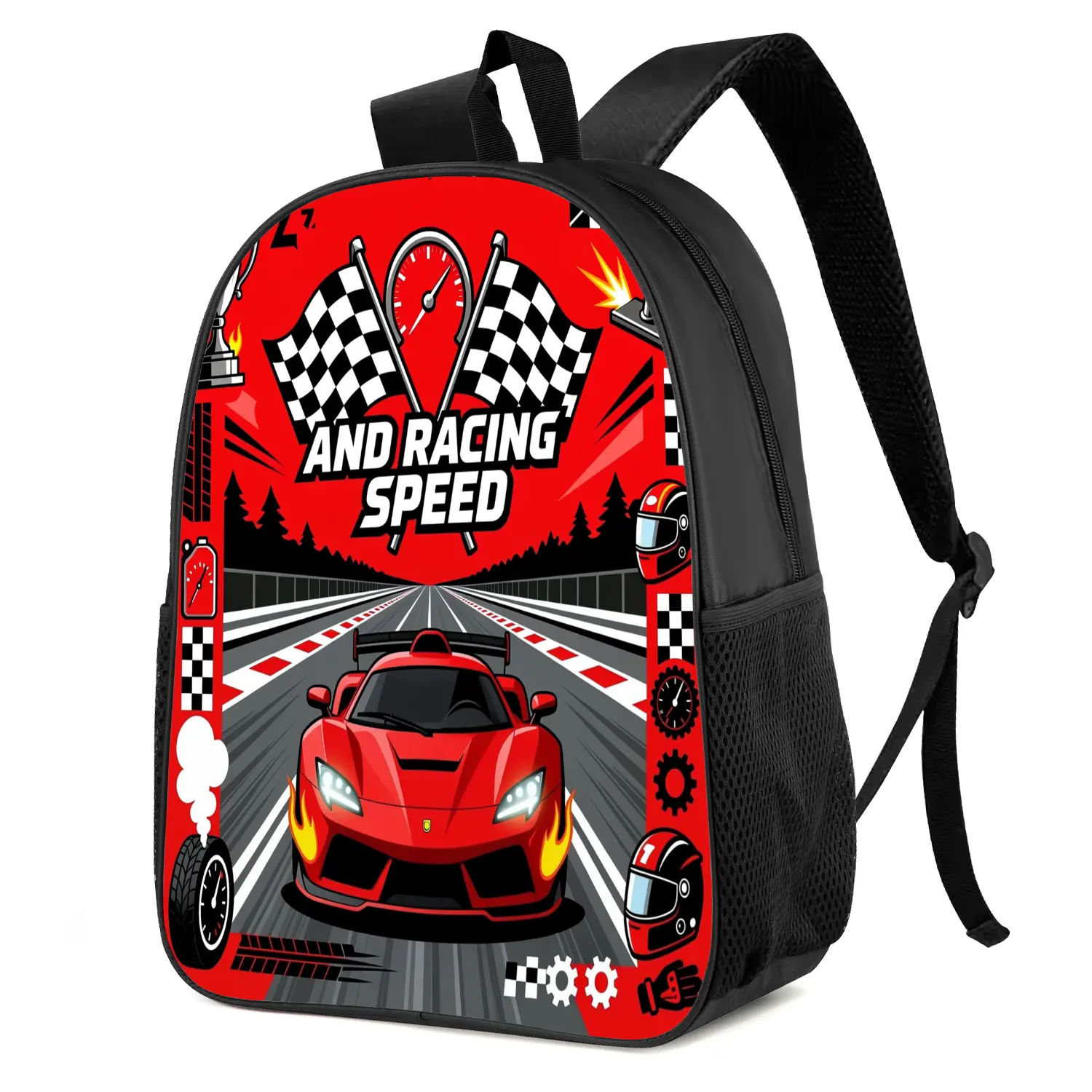 B265  Red Racing Car Checkered Flag Trendy Graphic Print Casual Daily Backpack for Commute Outdoor Travel