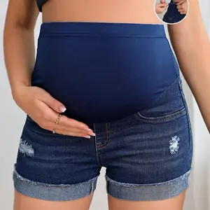 Maternity Adjustable High-Waist Skinny Denim Shorts With Distressed Details