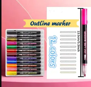 12pcs Double Line Outline Marker Pen, Paint Markers, Diy Painting Colorful Pens, Special Pen for Note Taking, Stationery Supplies for Students School