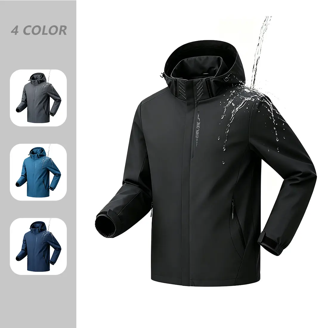 Men’s lightweight windproof waterproof hardshell jacket with a detachable hood, suitable for outdoor activities such as travel, hiking, and cycling in spring and autumn.
