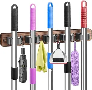 Broom Holder Wall Mount, Rustic Wood Broom Hanger with 5 Racks and 4 Hooks, Laundry Room Organization and Storage, Mop Holder for Home Decor, Garden, Garage, Kitchen, Closet