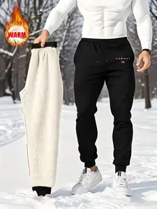 Men's Warm Lined Norway Flag Pattern Casual Pants, Drawstring Waist with Pockets, Fitted Winter Outdoor Wear, Essential Item