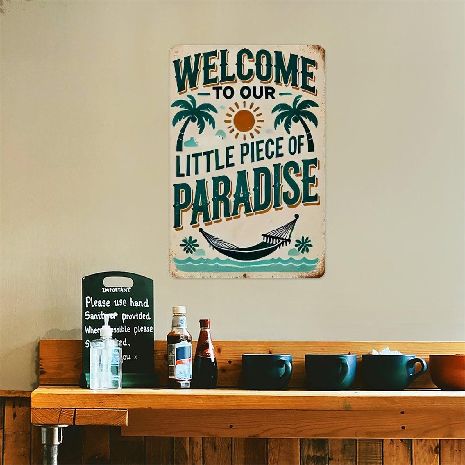 Welcome to Our Little Piece of Paradise Metal Sign, 8x12 Inch Vintage Tropical Beach Aluminum Tin Sign, Rustic Palm Tree Summer Welcome Wall Art Decor with Pre-drilled Holes for Beach House Pool Porch Patio Home Decor