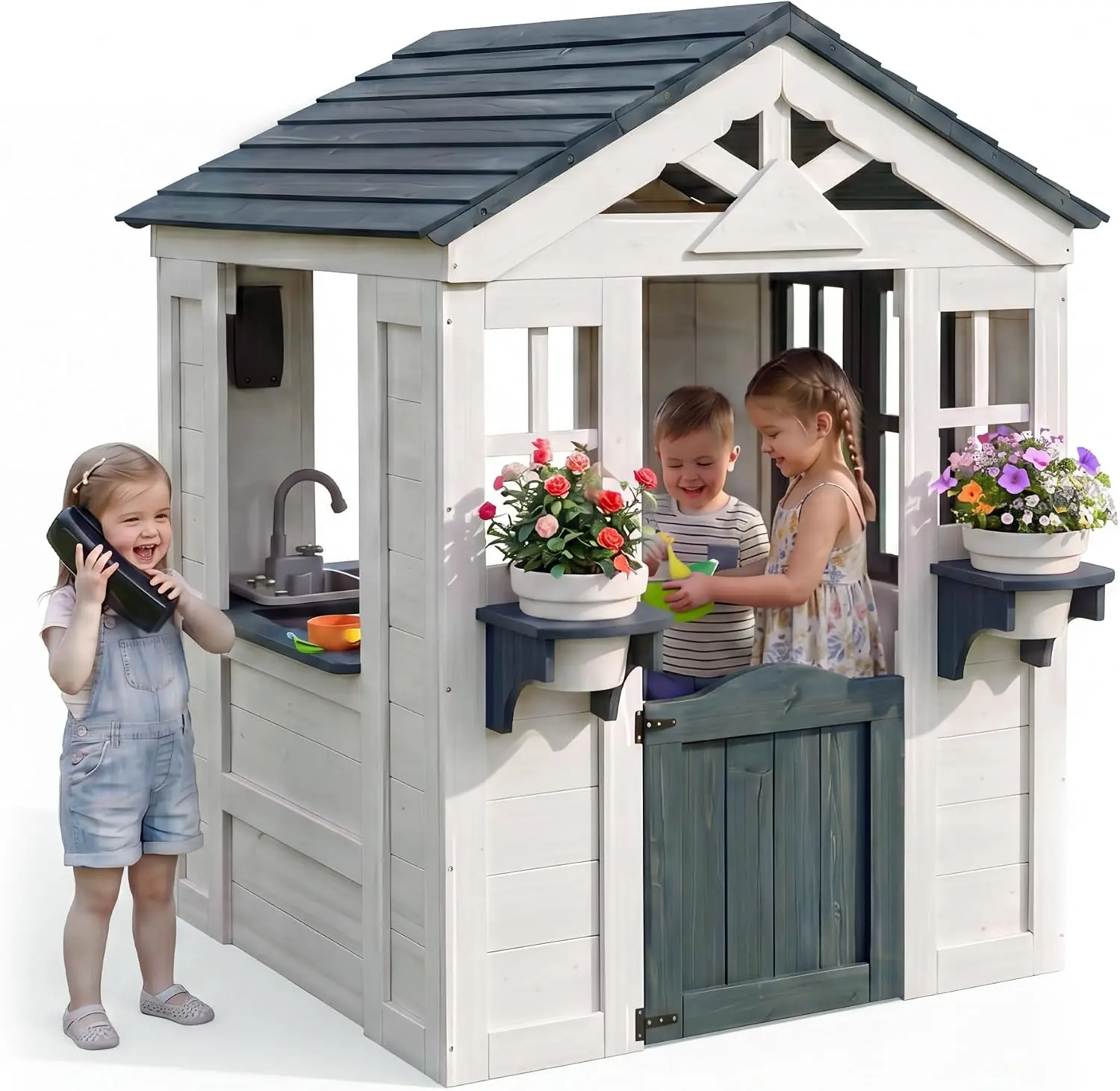 Outdoor Kids Playhouse, Toddler Wooden Playhouse for Backyard Indoor Play, Outdoor Play House with Door, Windows, Toy Phone, Flower Pot Shelves & Kitchen for Ages 3+(White)