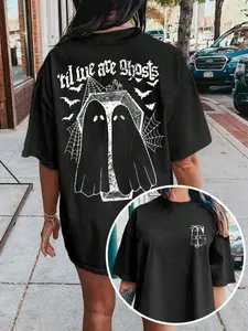 Women's Ghost & Letter Print Drop Shoulder Tee, Casual Short Sleeve Round Neck T-shirt for Daily Wear, Clothing, Ladies Clothes for All Seasons Halloween