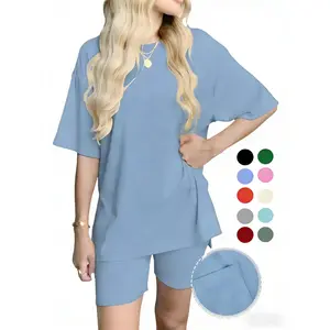Women's Solid Color T-Shirt and Fitted Shorts Knit Loungewear Set, Casual Comfortable Round Neck Sleepwear for Summer, with Pockets and Oversized Fit,Women's Affordable Pajamas, Clothing Set