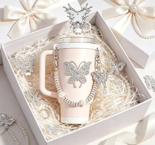 Bling Butterfly Tumbler Accessories Set for 30oz & 40oz Cups – Rhinestone Straw Topper, Pearl Cup Chain, Butterfly Charm & Silicone Boot