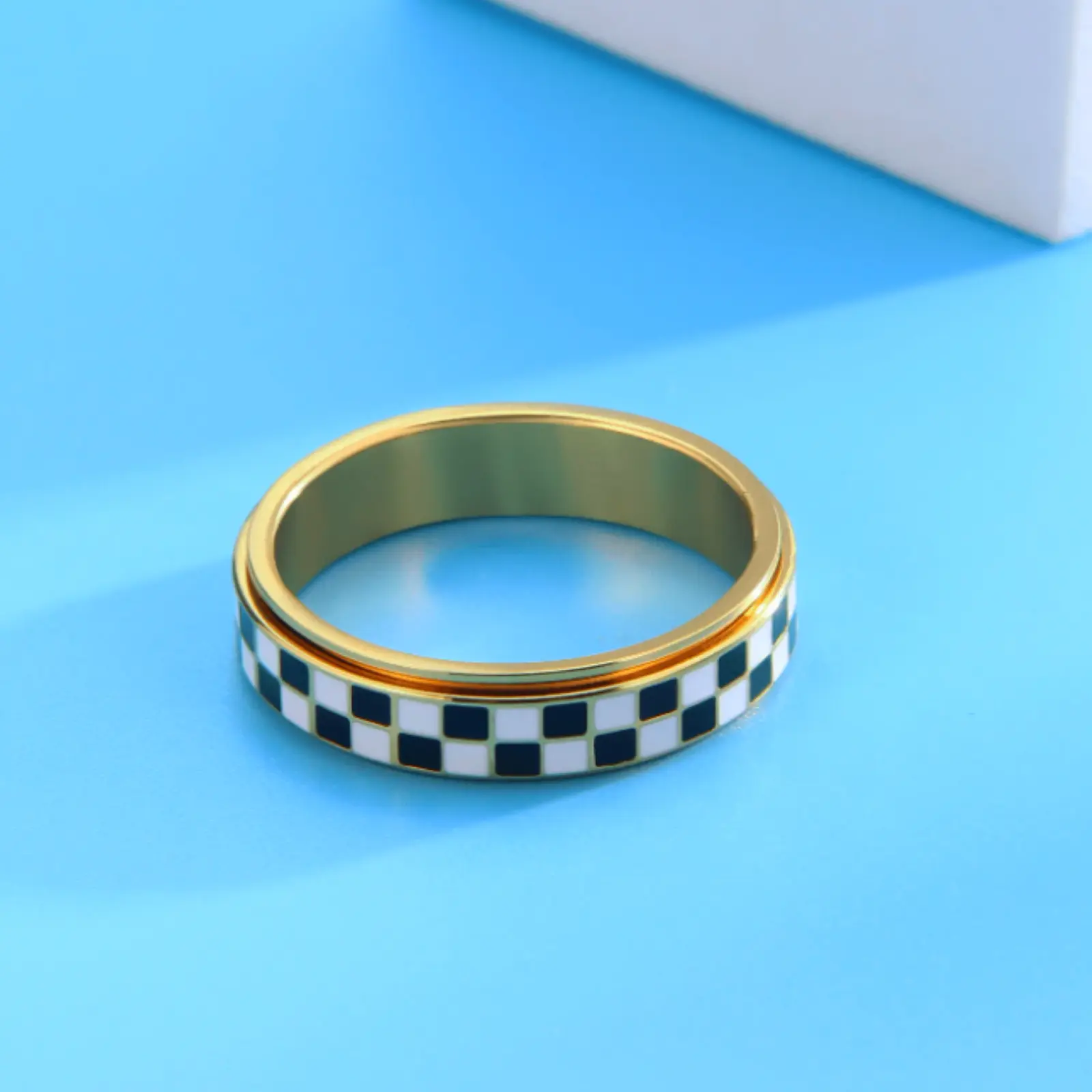 Checkered Fidget Ring for Adults Gold Plated Rotating Jewelry Anxiety and Stress Relief Gift for Men Women
