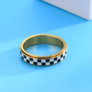 Checkered Fidget Ring for Adults Gold Plated Rotating Jewelry Anxiety and Stress Relief Gift for Men Women