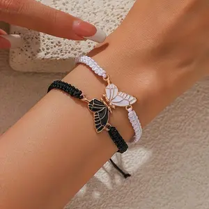 Waxed rope hand-woven butterfly fashion couple bracelet gift for best friend, alloy bracelet Valentine's Day gift