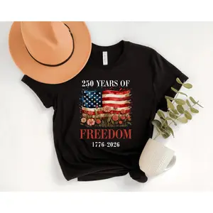 Floral American Flag Tee - 250 Years of Freedom, Patriotic Women's Shirt