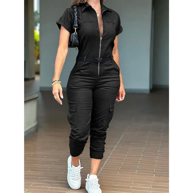Jumpsuits for Women, Stylish Short Sleeve Utility Jumpsuit with Lapel Collar, Front Zipper, and Belt for Athleisure Wear, Stylish Women's Wear, Athleisure Women's Sports Jumpsuits, Sporty Women's Sports Jumpsuits