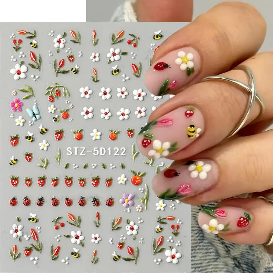3D Self-Adhesive Nail Art Stickers, 1 Sheet of Acrylic Decals with Cute Bee, Strawberry & Flower Motifs for DIY Decorated Nails, Cute Designs, Diy Apply, Fun Motifs, 3D Acrylic Nail Art Stickers & Decals