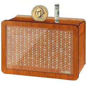 $10,000 Large Size Savings Challenge Box - Wooden Cash Vault Money Bank for Adults and Kids - Wooden Cash Coin Piggy Bank with Counter and Dry Erase Pen - Brown & Pink