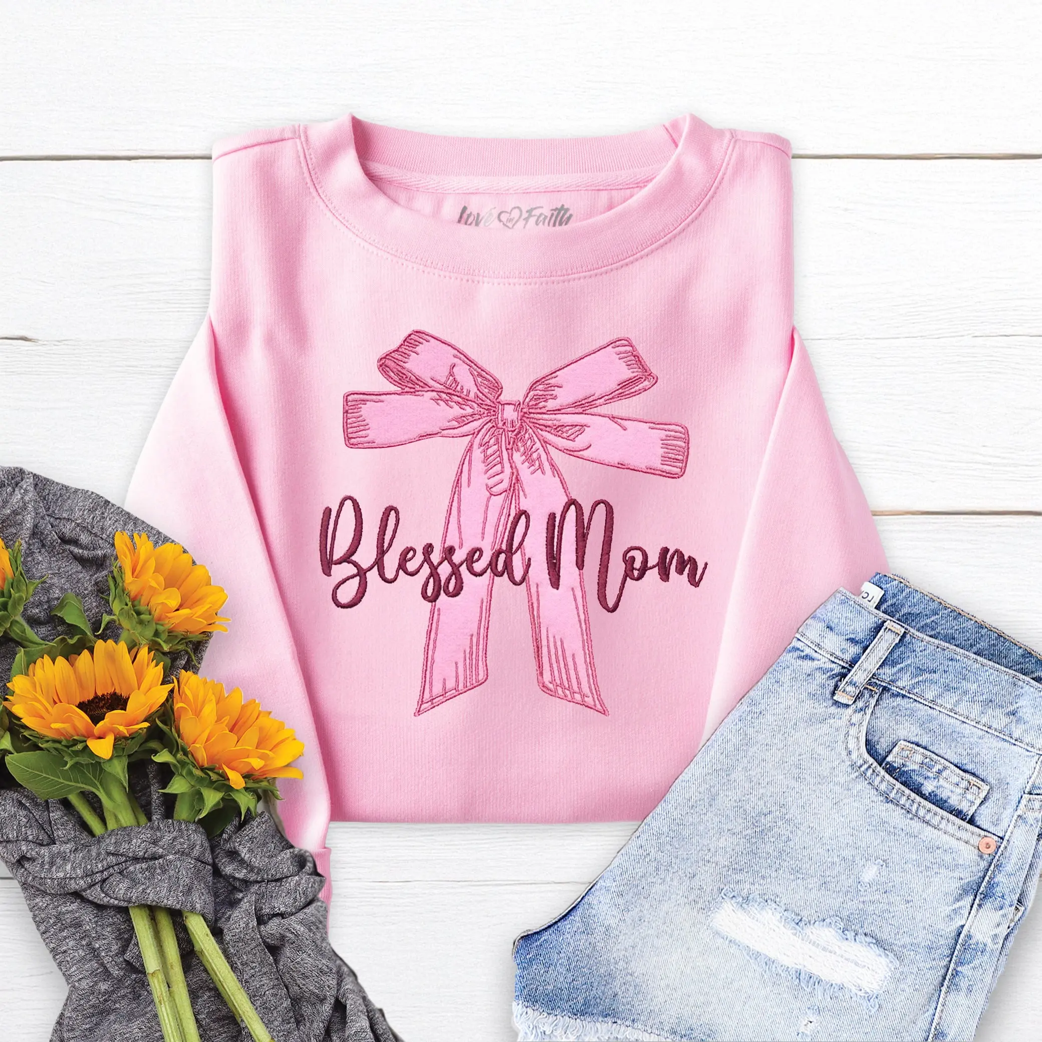 Blessed Mom Bow Crewneck Sweatshirt - Pink