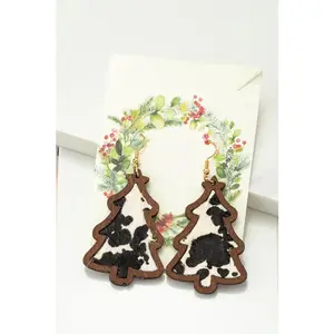 LA3accessories wood Christmas tree earrings with leather inlay