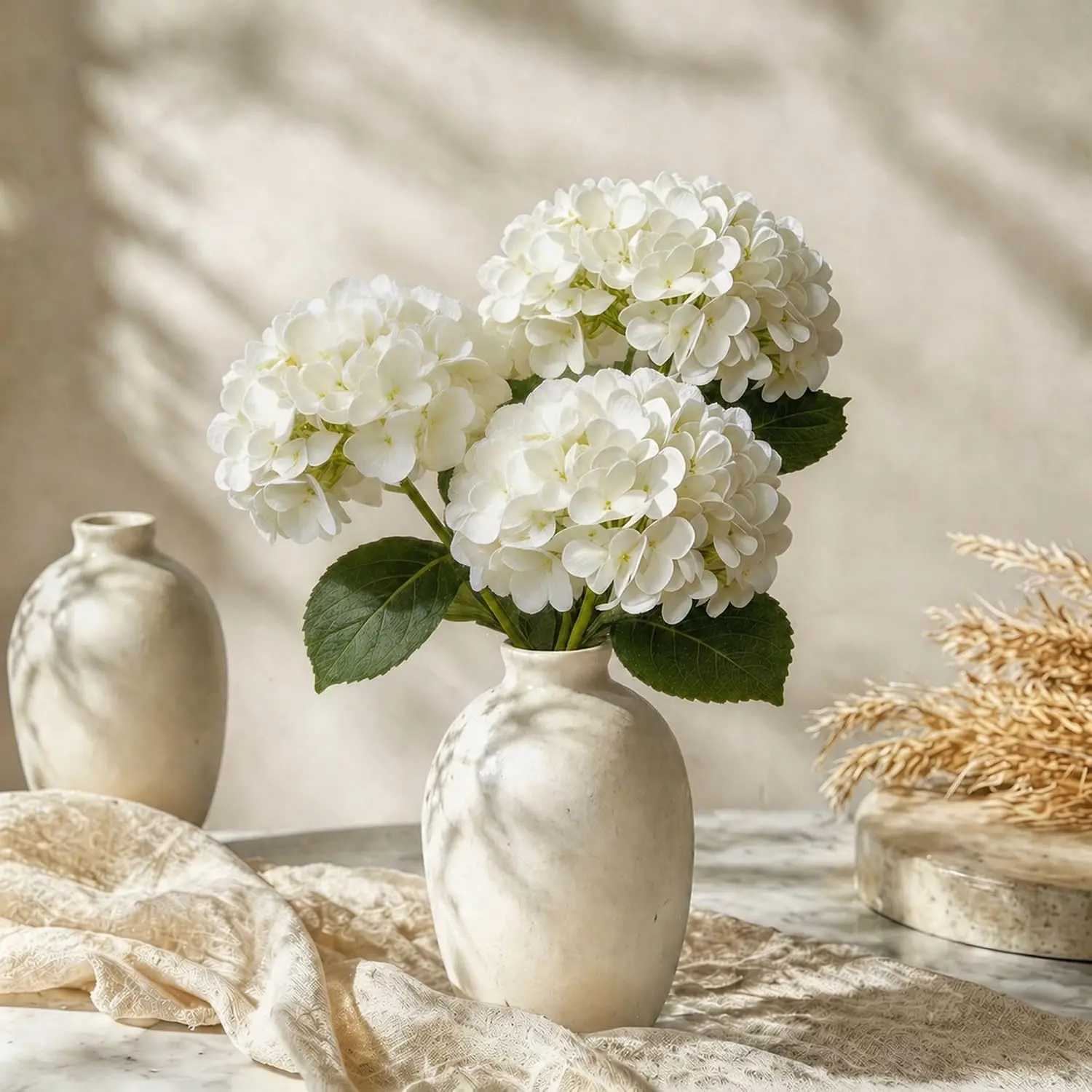 4 Pcs Faux Hydrangeas Real Touch Hydrangea Artificial Flowers Latex Large Fake Flower Long Stems for Wedding Home Party Table Centerpieces Decor (White)