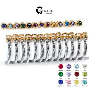GGIRL Birthstone Stainless Steel Twisted Cable Cuff Bracelet For Men Womens, Multi-Color Cubic Zirconia 60mm Diameter  Fashion Jewelry Gift for Holiday Haul Christmas Birthdays Anniversaries