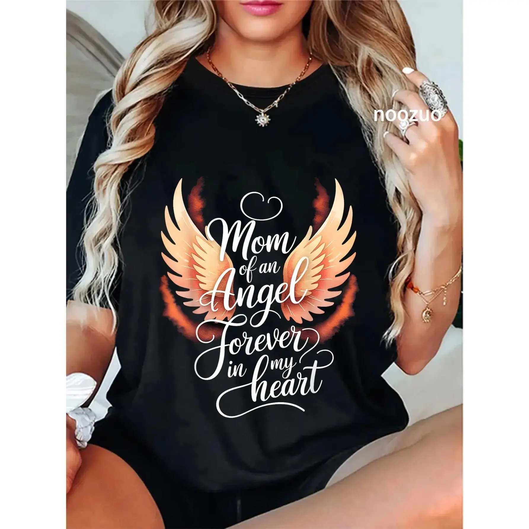 Women's 100% Cotton Short-Sleeve Round Neck Casual Graphic Print T-Shirt - Breathable, Loose-Fitting, Machine Washable Mom of an Angel Infant Loss Memory Top, Everyday Wear, Size Down for Fitted Look, True-To-Size for Laidback Feel, Fabric
