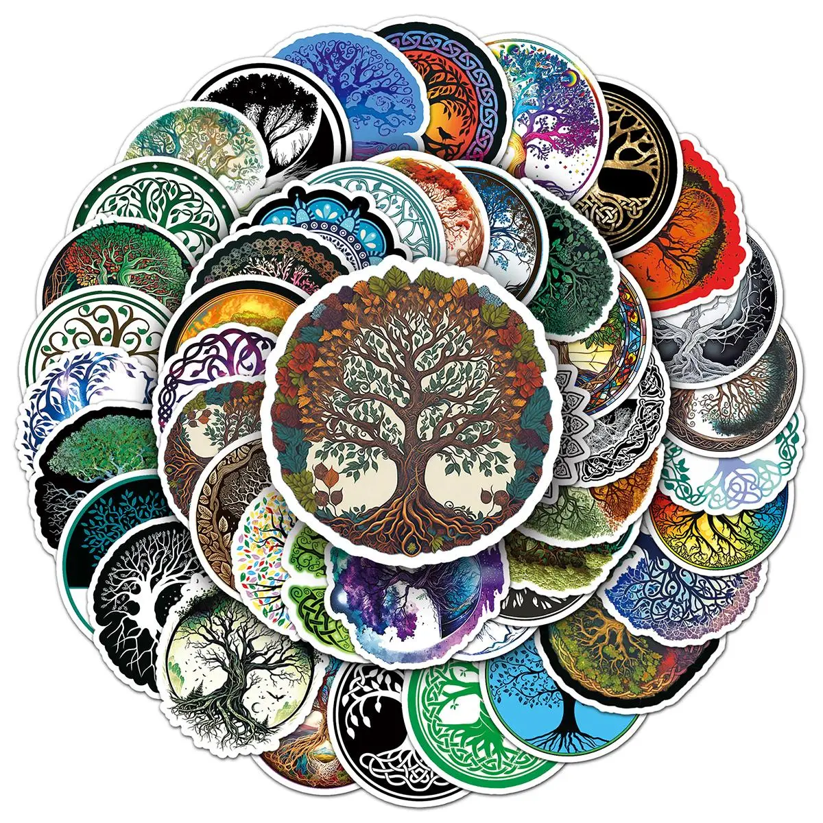 50pcs Tree Of Life Pattern Sticker, Waterproof Scrapbooking & Journal Making Material Sticker, DIY Decorative Sticker For Stationery Computer Water Bo