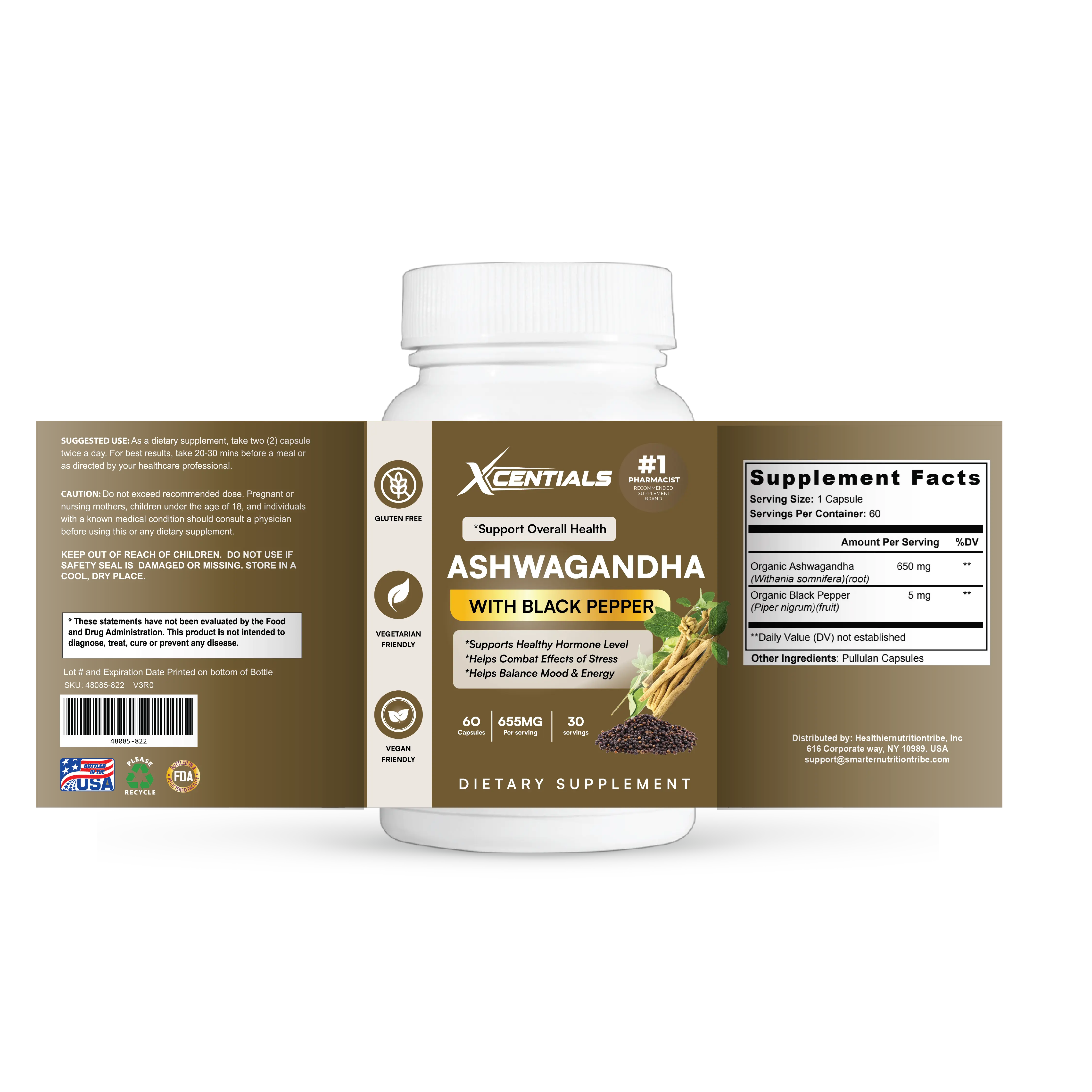 Xcentials Ashwagandha Supplement with Black Pepper - 60ct 650mg - Stress Reduction & Brain Function Support - Natural Healing for Energy & Immune Health