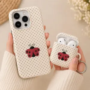 Ladybug Polka Dot Phone Case, Cream Beige Background Black Dots Red Ladybug Embroidery Matching AirPods Case Keyring Cute Minimal Feminine Soft Aesthetic Elegant Artistic Retro Style, iPhone Samsung AirPods