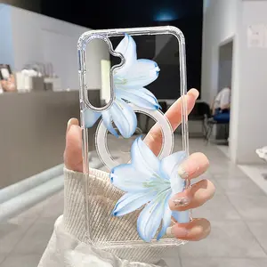 Magnetic Phone Case for Samsung Galaxy S24 Plus S25 Ultra S23 FE Ultra S22+ Azure Lilies Pattern TPU Trendy Shockproof Anti-Scratch Stylish Smartphone Cover