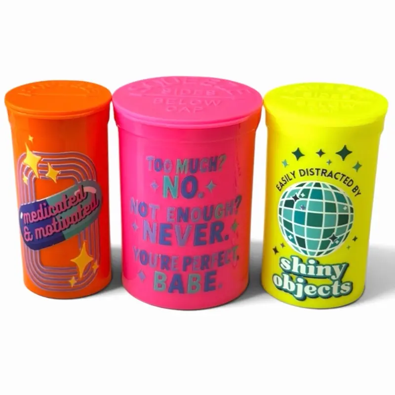 The Happy Pills Co. NeuroSparkly 3-Piece Set Pop-Top Novelty Storage Bottles - Fun Decorative Containers For Small Item Organization