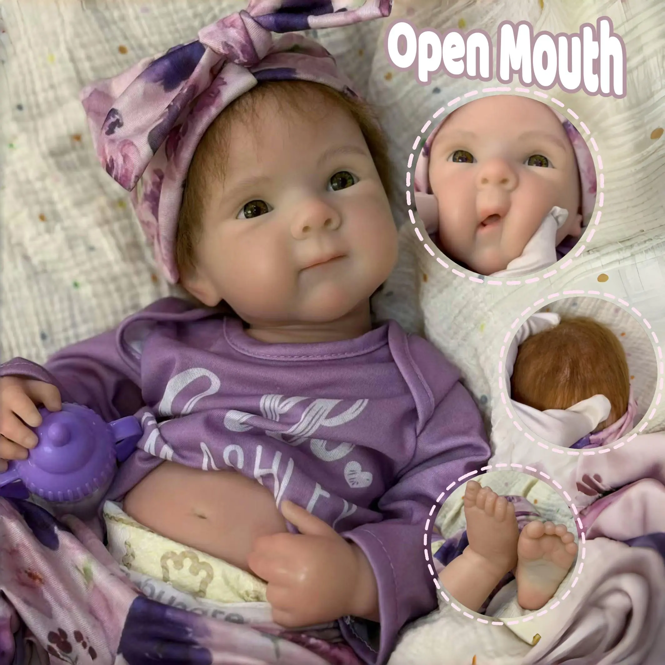 Otarddolls 18 Inches/45 cm Open Mouth Washable Reborn Girl Doll Bettie, Hand Rooted Hair, Soft Solid Silicone, 3D Very Lifelike Skin Color, Touch Real Feeling, Ideal Family Gift with Feed Bottle