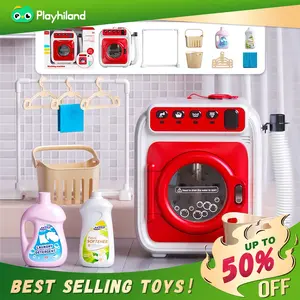 Kids Toy Washing Machine, Realistic Pretend Play Appliance for Girls, Interactive Toy Dollhouse Furniture, Play Washer Playset with Spinning Drum, Light & Sound Effects, Laundry Basket Set