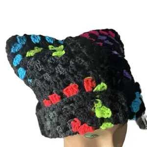 Neon Lights Granny Square Crochet Cat Beanie