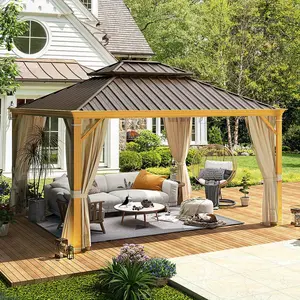 14' x 12' Hardtop Gazebo, Metal Gazebo with Aluminum Frame with Galvanized Steel Double Roof, Outdoor Patio Gazebo Pergolas with Netting and Curtains for Backyard, Patio, Lawns