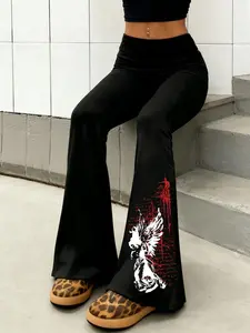Hot TikTok Y2K gothic flared pants, high-waisted design, stretchy fabric, with an angel print, perfect for E-Girl aesthetics, punk outfits, trendy low-rise cut, Graphic, bold pattern design, a must-have pair of pants