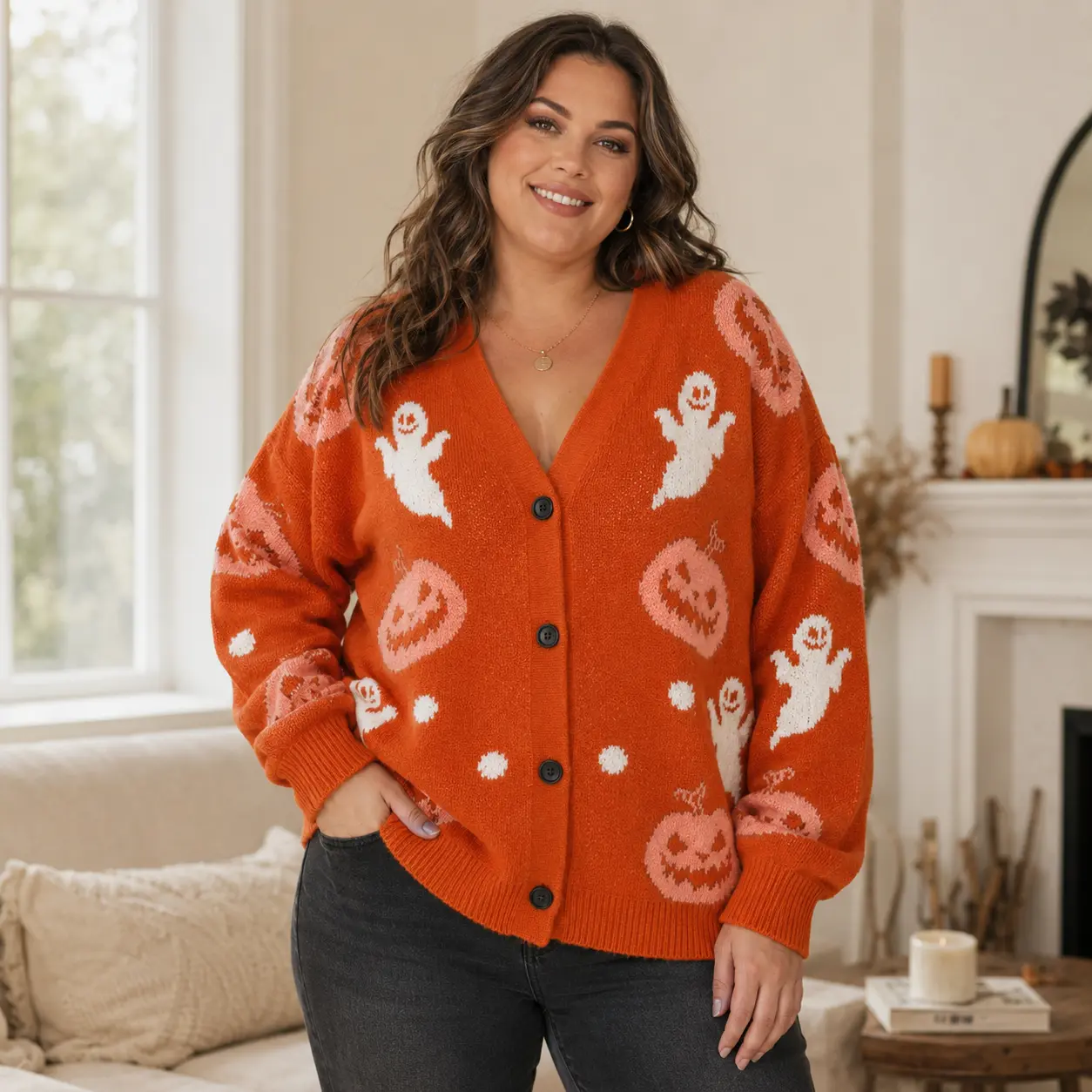 Women’s Halloween Pumpkin Cardigan, Ghost Jacquard V-Neck Button Sweater