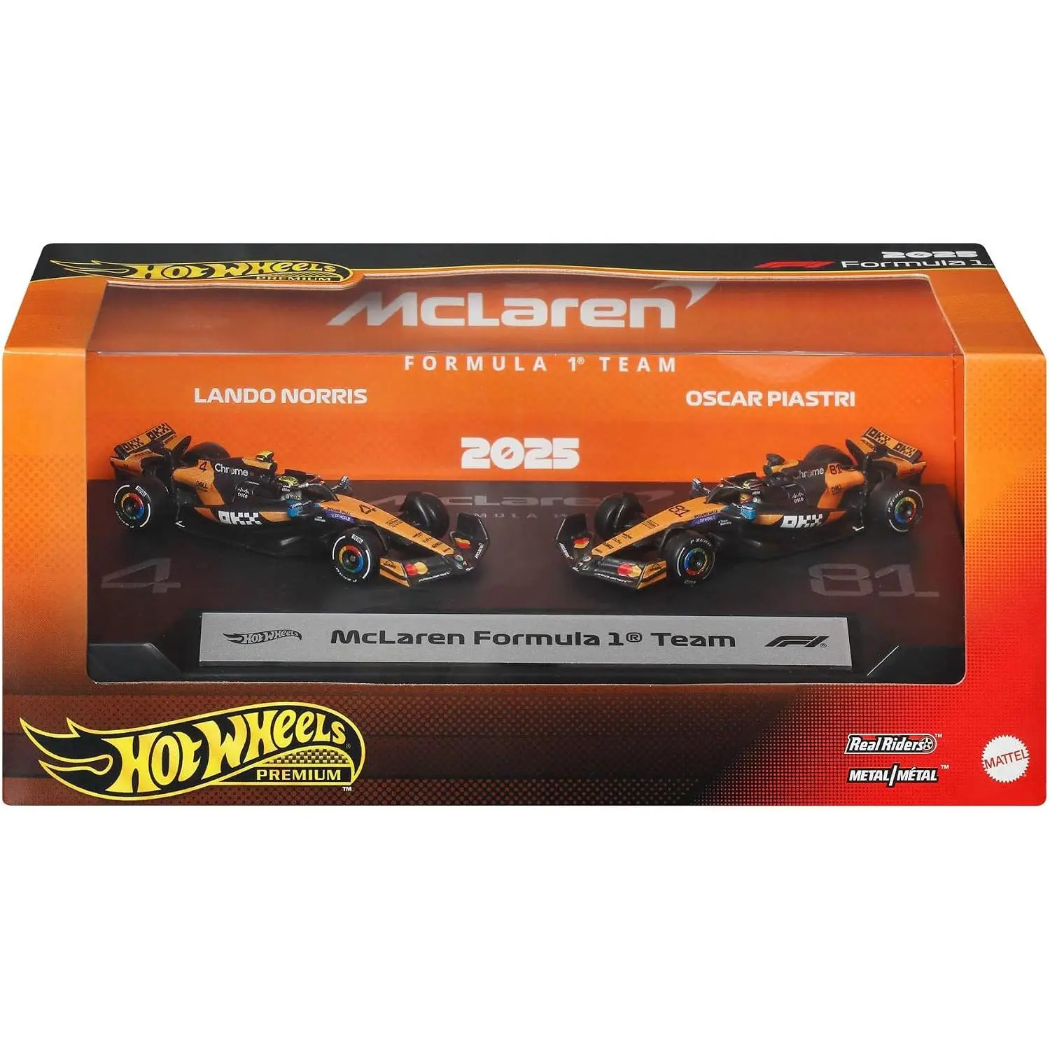 Hot Wheels Premium Formula 1 1:64 Scale Die-Cast Set - 2-Pack McLaren Racecars with #81 Oscar Piastri & #4 Lando Norris Liveries