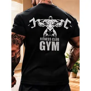Fitness Club Gym Barbell Bodybuilding Graphic T-Shirt 100% Cotton Menswear Top for Gym Workout Streetwear