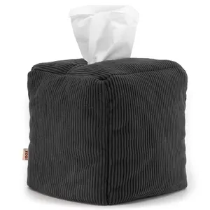 TOGI Corduroy Tissue Box Cover - Soft & Puffy Cube Design Adds a Warm, Cozy Touch - Soft Tissue Box Cover Square Fits Standard Square Boxes from Everyday Brands - Cozy Home & Office Decor (Black)