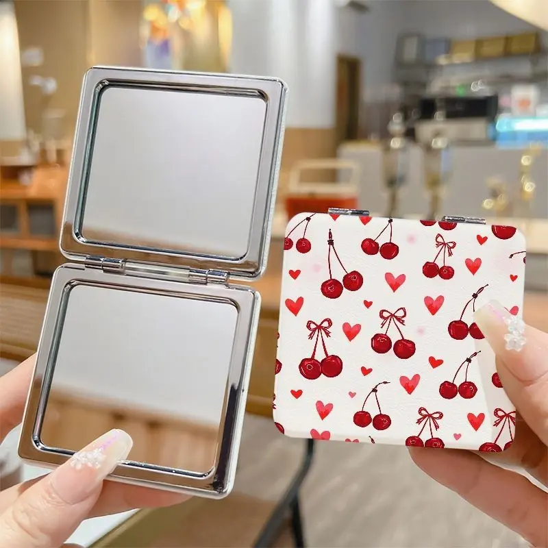 Portable Travel Makeup Mirror - Cherry and Love Printed Double sided Folding Makeup Mirror, Square Pocket Mirror Suitable for Handbags, Fashionable and Cute Design, Suitable for Women and Girls, Foldable Mirror