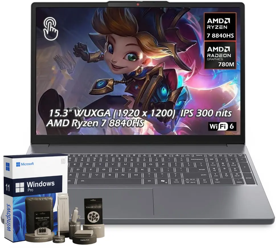 Lenovo IdeaPad Slim 3 15.3" WUXGA Touchscreen Laptop – AMD Ryzen 7 8840HS, 16GB DDR5 RAM, 512GB SSD, AMD Radeon 780M, Bluetooth, Wi-Fi6, Webcam, Windows 11, Luna Grey, w/2TB USB Drive