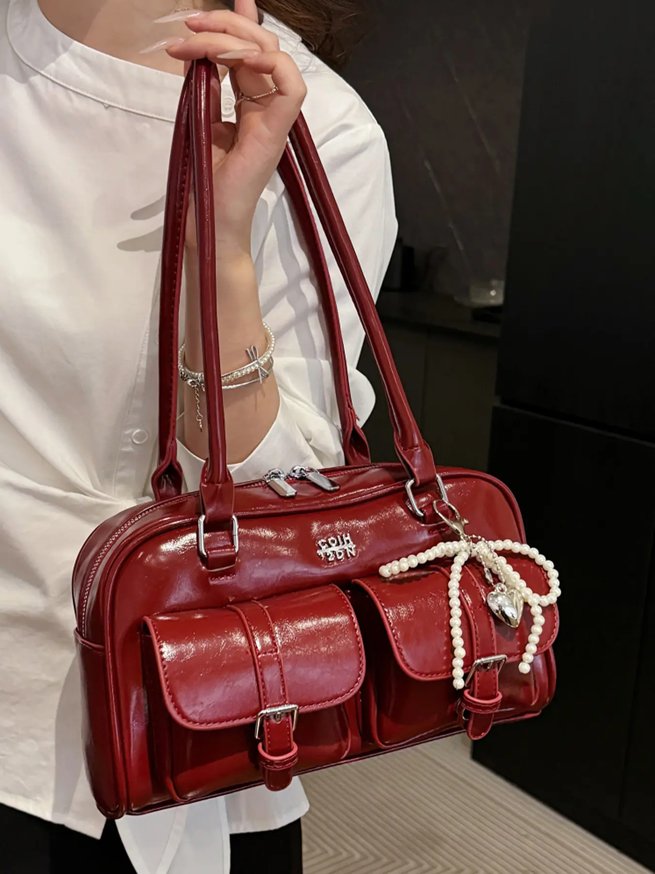 Shoulder clutch, pearl hanging double pocket handbag, double compartment shoulder handbag, multi-color optional, suitable for daily travel, shopping, Stylish Crossbody, Fashionable Bags