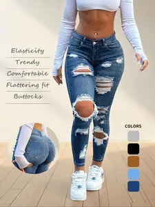 Women's High Waist Ripped Skinny Stretchy Jeans, Elastic Vintage Denim Stretchy Jeans, Butt Lifting Design, Casual Fashion for Daily Wear