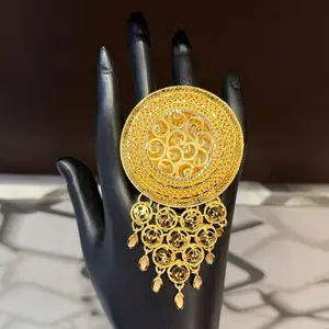 Elegant Gold Ring with Intricate Design and Dangling Charms for Women's Fashion
