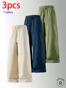 3-pack men’s pure cotton long pants: loose straight casual pants, sweatpants/joggers, featuring a drawstring waistband design. Available in multiple colors. Suitable for home lounging, daily commuting, outdoor walks, short trips, camping—versatile casual