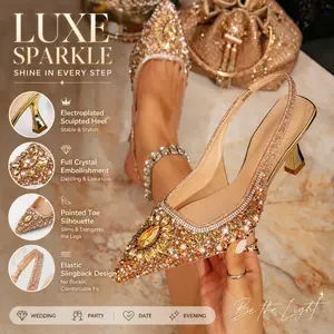 Luxury Crystal Pearl Pointed Toe Slingback Heels for Women, Electroplated Sculpted Heel, Elastic Back Strap, Sparkly Dress Pumps for Wedding, Party, Date Night & Evening Elegant Footwear Girl Classy Nail