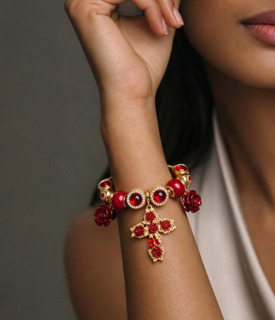 Vintage Red Rose & Cross Charm Bracelet, Gold Snake Chain with Rhinestone Pendant, Elegant Romantic Fashion Jewelry