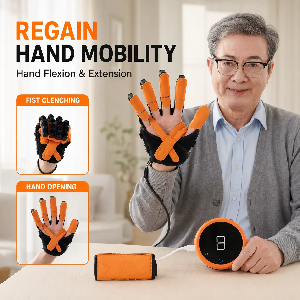 Clinic-Quality Cotton Finger Rehab USB Controller Training Glove Recovery Kit with Mirror Wristband - Lightweight, USB-Rechargeable, Portable, Easy-to-Use, Comfortable At-Home Healthcare Support